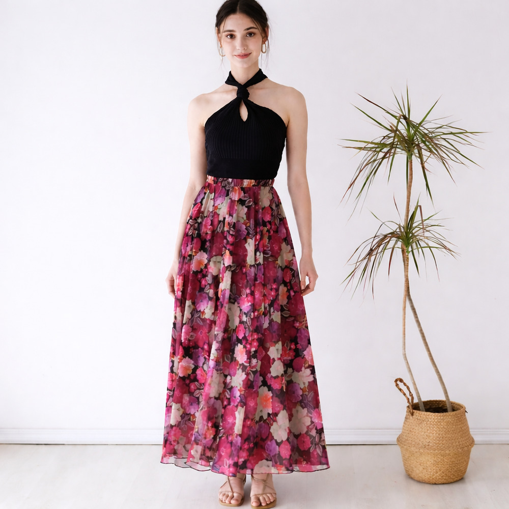 NEW NWT Women's Chicwish Pink Floral Chiffon Maxi Skirt | Size Medium Large